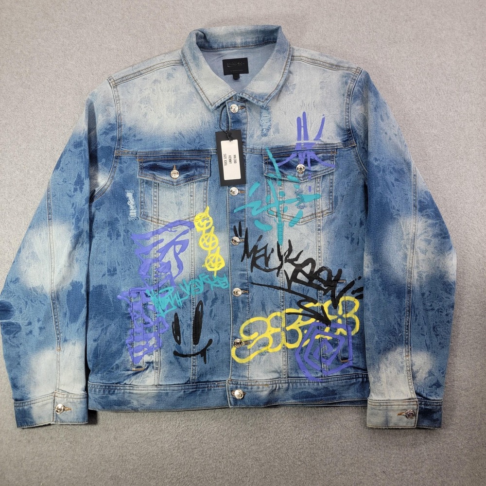 MacKeen Jacket Mens 3XL Blue Denim Graffiti Bomber Hip Hop MK300 Kenny